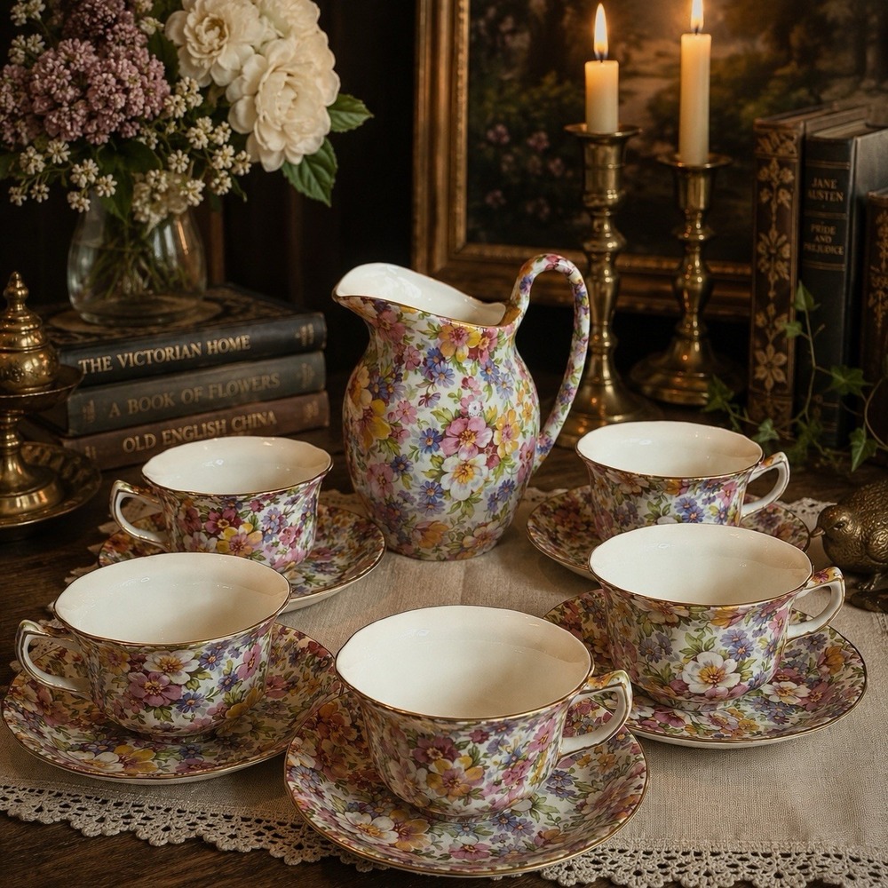 James Kent Dubarry Chintz Large Creamer 4 Cups & Saucers England 9 Pc